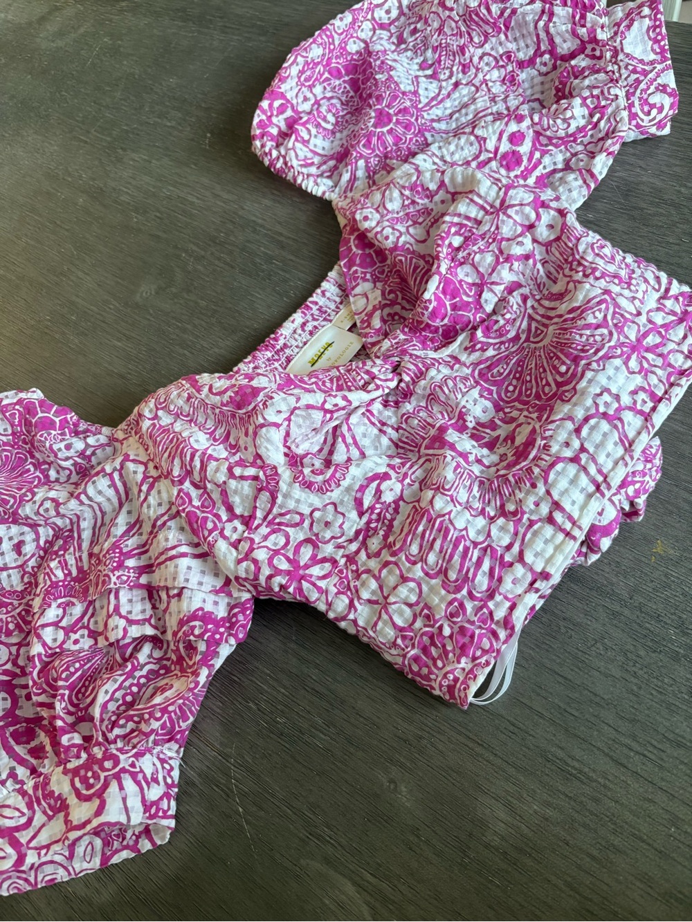 Maeve Pink & White Floral Smocked Blouse Puff Sleeve Bow Detail On Back